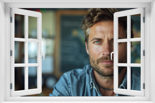 Portrait of confident Caucasian male teacher in classroom.