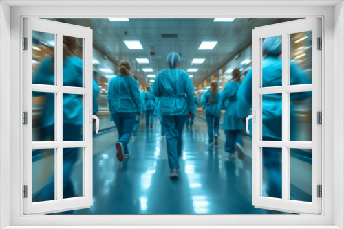 Blurred Motion of Medical Team Rushing Through Hospital Corridor in Urgency