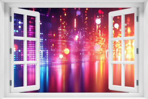 Abstract display of bright multicolored bokeh lights with a gradient reflection creating a vibrant and energetic illuminated background.