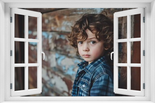 Portrait of a little boy on the background of an old wooden wall