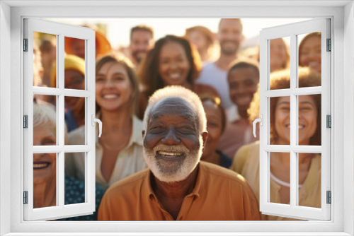 A large group of smiling people from various age groups and ethnicities are all looking at the camera with warm smiles on their faces, standing in an open space.