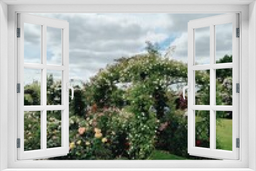 Fototapeta Naklejka Na Ścianę Okno 3D - Vertical shot of a rose garden with greenery and arch from green plant with flowers under cloudy sky