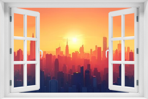 City Skyline: A 3D vector illustration of a city skyline at dawn