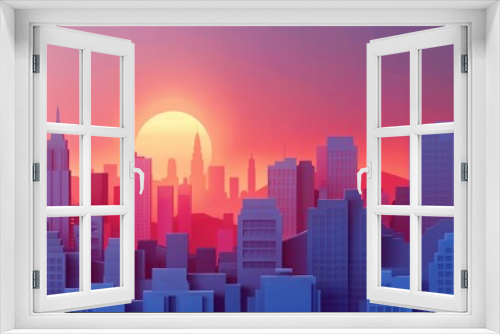 Stylized paper art illustration of a cityscape during sunset with silhouette of skyscrapers against a vibrant orange sky, depicting an urban sunset scene.