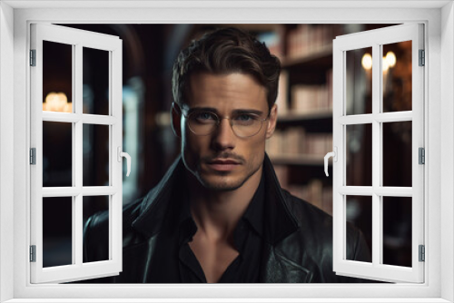 Generated with AI photo of young handsome elegant man standing in large library among bookshelves