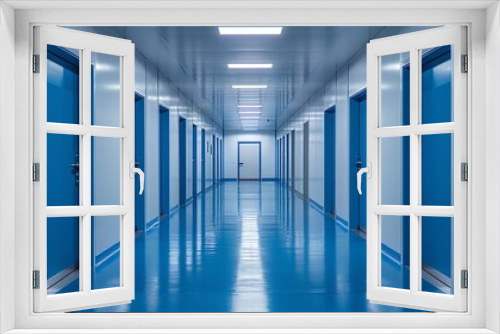 Clean and modern blue hallway in medical facility