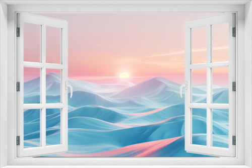 Minimalistic 3D abstract landscape featuring rolling hills and calming pastel sunrise 