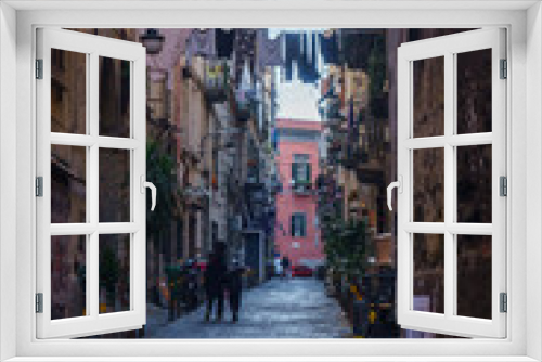 Fototapeta Naklejka Na Ścianę Okno 3D - Typical townscape of dark narrow streets and alleys in the city of Naples, Campania, Italy