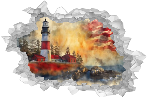Vintage Style Painting of Lighthouse with American Flag