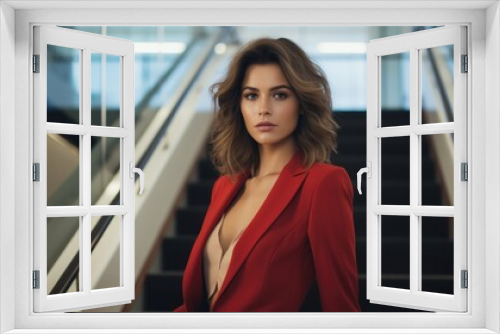 Beautiful young Spanish woman poses in the office stairwell, creating fashionable looks