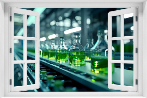 An automated assembly line where glass bottles are being filled with a green antiviral agent, under the watchful eyes of virologists, Glass bottles in production,