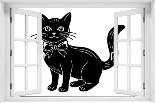 Fototapeta Naklejka Na Ścianę Okno 3D -  black-cat-with-a-blue-bow vector-a-white-background