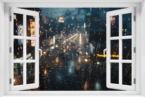 A view of the city through glass on a rainy night
