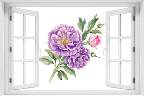 Fototapeta Naklejka Na Ścianę Okno 3D - watercolor purple rose clipart illustration with leaves and a green leaf on white background.