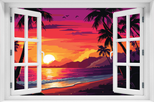 Fototapeta Naklejka Na Ścianę Okno 3D - Sunset in Fiji 2d flat cartoon vactor illustration