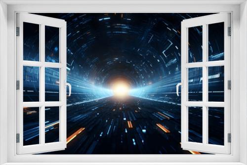 Explore the depths of technological advancement with an abstract HUD tunnel, where motion graphics of data centers, servers, and internet speed converge to create a mesmerizing display, captured