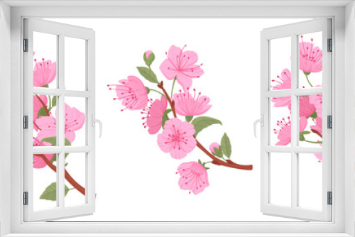 Fototapeta Naklejka Na Ścianę Okno 3D - Japanese cherry branches. Spring blooming pink sakura tree, sakura buds and flowers flat vector illustration set. Cute blooming branch collection