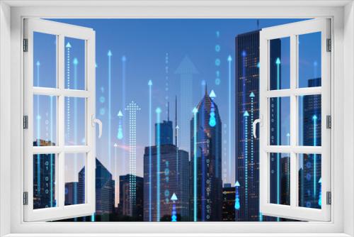 Fototapeta Naklejka Na Ścianę Okno 3D - Chicago skyline with futuristic holographic overlays, depicting concept of technology, at dusk with a blue tone. Double exposure
