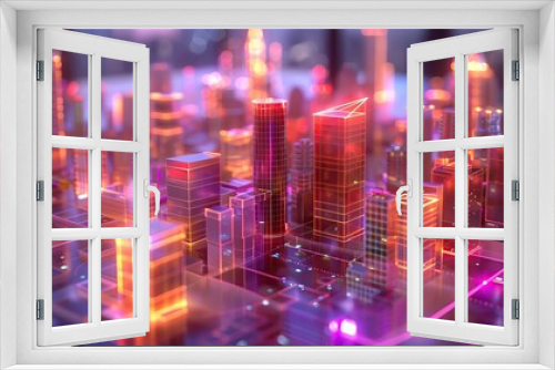 Digital twin technology in a smart city model, holographic buildings, twilight, wide shot, neon highlights