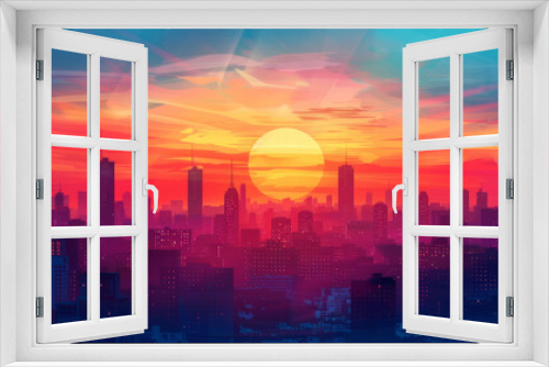 A minimalist vector illustration of a sunrise in a city silhouetted against the sky, creating a serene and tranquil atmosphere.