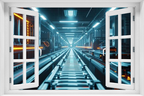 A futuristic depiction of an automated conveyor system in a high-tech facility, with products seamlessly moving through a futuristic environment. High-contrast, futuristic colors inspired by sci-fi 