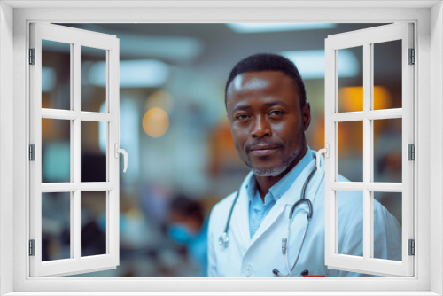 African-American male doctor stands in the waiting room for patients in a medical clinic.