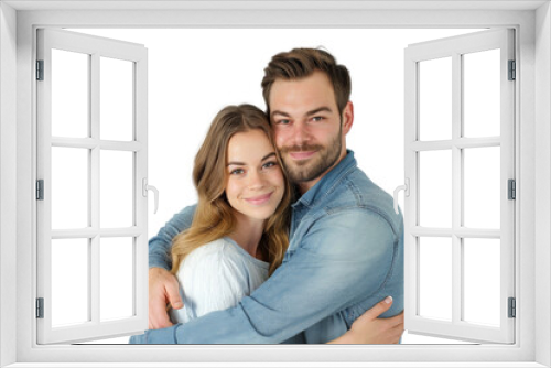 Portrait of happy couple hugging and holding together with smiling isolated on transparent png background, loving moment, romantic scene.