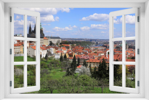 Fototapeta Naklejka Na Ścianę Okno 3D - Spring Prague gothic Castle with flowering Trees, Czech Republic