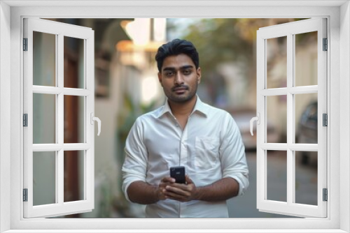 Portrait of a serious and confident Indian man standing on the street outside a building, holding a mobile phone and looking at the camera, Generative AI