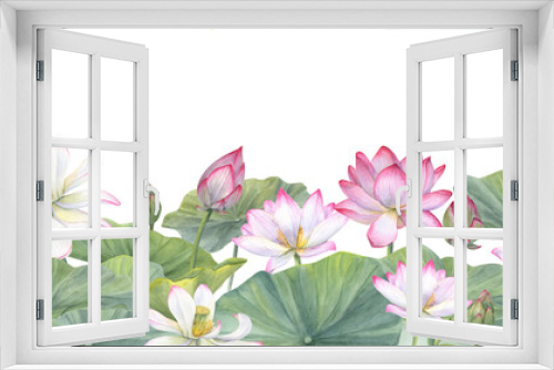 Fototapeta Naklejka Na Ścianę Okno 3D - Lotus flower banner. White pink Water Lily, Indian Lotus. Vietnamese national flowers. Floral seamless pattern. Watercolor illustration for cosmetic design, ayurveda products, spa poster