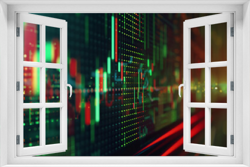 a dynamic financial chart on a digital screen, vibrant green and red lines indicating stock market trends. The screen glows softly in a dimly lit, modern office environment, Generative AI