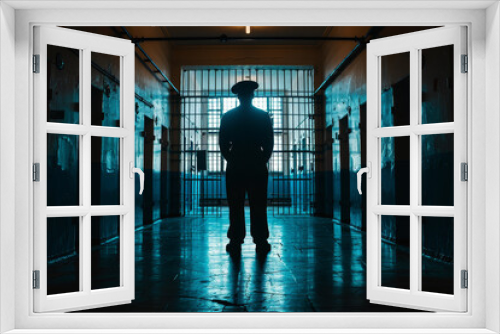 A man stands in front of a jail cell door