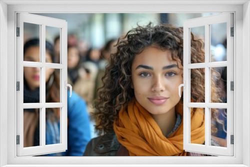 A young woman with curly hair stands poised in a bustling city street, with people blurred in motion around her.