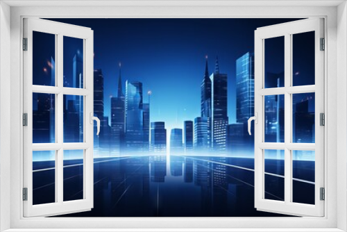 Innovative business background banner: modern office buildings and cutting-edge technology for corporate solutions

