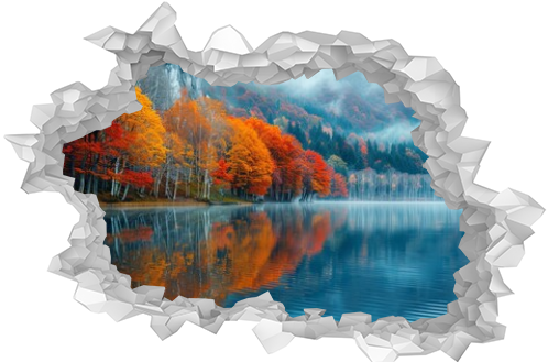 Serene autumn scene with vibrant red and orange trees reflecting in a calm lake, misty mountains in the backdrop.