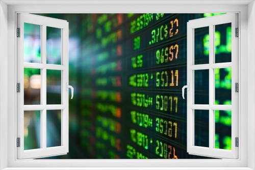 Stock market display board with green glowing numbers on blurred trading floor background