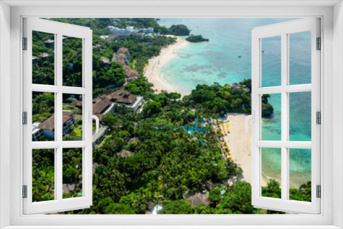 Fototapeta Naklejka Na Ścianę Okno 3D - Tropical beach resorts with sun reflection on white sand and turquoise waters. Boracay, Philippines.