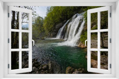 Fototapeta Naklejka Na Ścianę Okno 3D - Bovec, Slovenia. Visje waterfalls. Nature trail crystal clear, turquoise water. easy trekking, nature experience, wood path. Waterfalls inside a forest, long photographic exposure, power of nature.