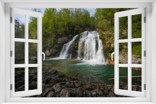 Fototapeta Naklejka Na Ścianę Okno 3D - Bovec, Slovenia. Visje waterfalls. Nature trail crystal clear, turquoise water. easy trekking, nature experience, wood path. Waterfalls inside a forest, long photographic exposure, power of nature.