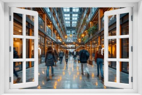 Dynamic image of a bustling modern shopping mall interior with motion blur, portraying speed and consumerism