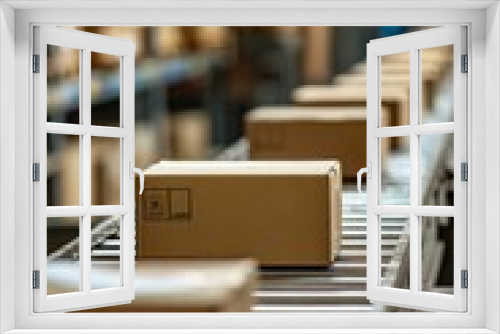 Automated warehouse conveyor with e commerce cardboard packages for efficient logistics