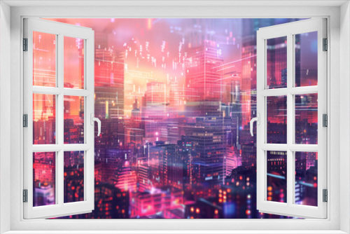 A bustling city of the future, characterized by its dazzling lights and modern architectural marvels, A futuristic cityscape at dusk with neon lights reflecting off of glass buildings