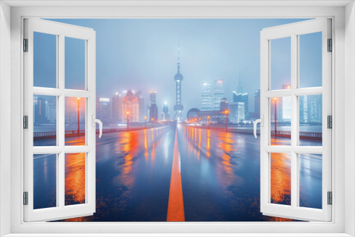 The orange light road lines up with the city of Shanghai, China in a white background, surrounded by mist and smoke, forming an abstract line map of science fiction architecture with a technology sens