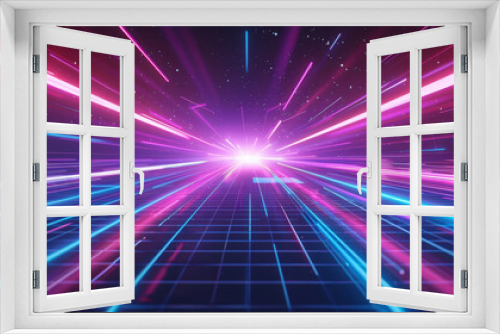 A retro synthwave background with neon grid lines and purple, blue and pink light rays.  '80s aesthetic with glowing geometric patterns and grid structures. Retro Sci-Fi Background Futuristic Grid 