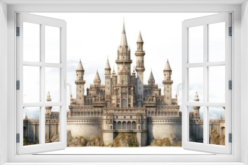 The majestic castle stands on a rocky hill, its tall towers and spires reaching towards the sky.
