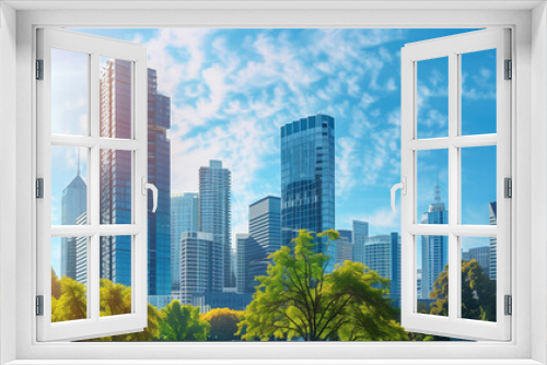 Sunny Cityscape with Lush Trees in Foreground. Banner. Generative AI