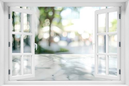 Empty white marble stone table top and blur glass window interior cafe and restaurant banner mock up abstract background - can used for display or montage your products - generative ai