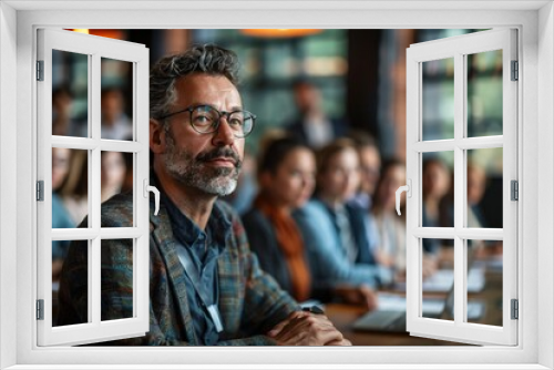 A mature, stylish man with glasses is captured at a business conference, embodying wisdom and experienced leadership