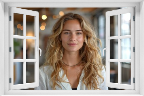 A fresh-faced young woman with natural wavy hair and a casual outfit stands in a modern workspace