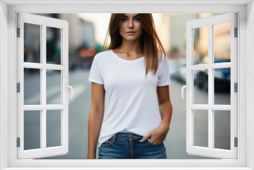 Urban Fashion: Woman in a Plain White T-Shirt in the City. Generative ai